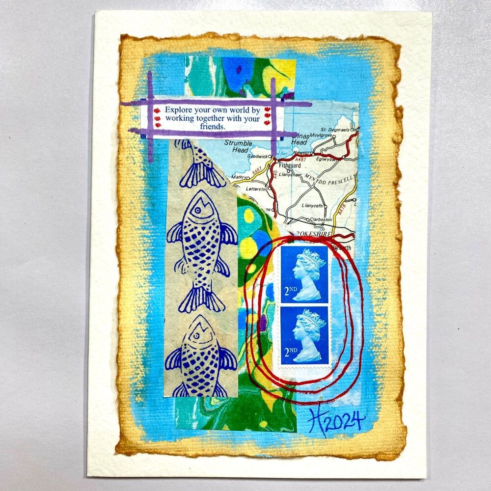 Collage Art Handmade Original Blank Greeting Card and Envelope UK Stamp Fortune